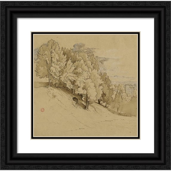 Jean-Achille Benouville 15x15 Black Ornate Wood Framed Double Matted Museum Art Print Titled - Hilly Landscape with Constructions (19th Century)