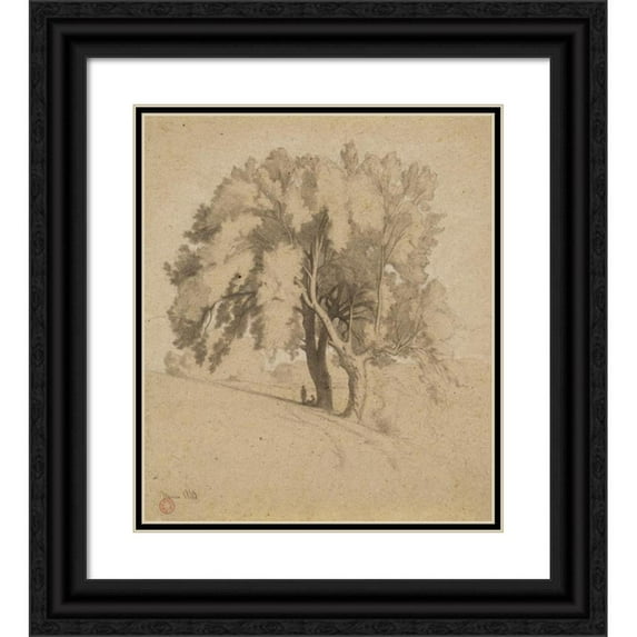 Jean-Achille Benouville 15x17 Black Ornate Wood Framed Double Matted Museum Art Print Titled - Landscape (Figures Under Trees) (1843)