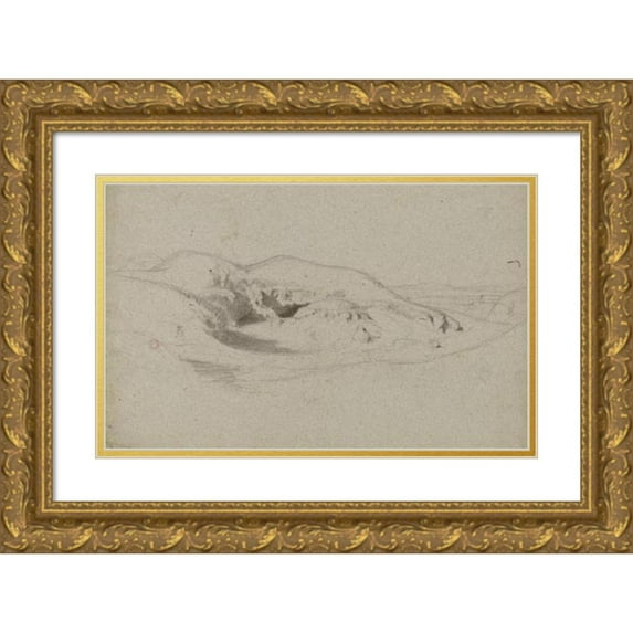 Jean-Achille Benouville 24x17 Gold Ornate Framed and Double Matted Museum Art Print Titled - Landscape with Hill (19th Century)