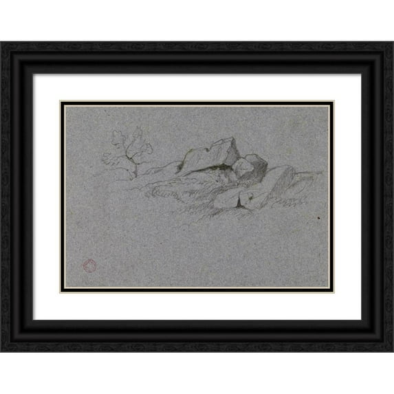 Jean-Achille Benouville 24x18 Black Ornate Framed Double Matted Museum Art Print Titled: Study the Rochers (19th Century)