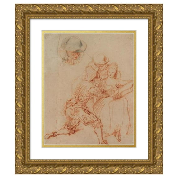 Jean-Antoine Watteau 12x14 Gold Ornate Wood Frame and Double Matted Museum Art Print Titled - Study for “The Romancer” (The Storyteller) (C. 1716)