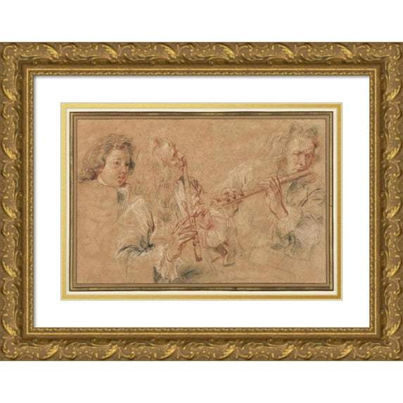 Jean-Antoine Watteau 14x11 Gold Ornate Wood Frame and Double Matted Museum Art Print Titled - Two Studies of a Flutist and a Study of the Head of a Boy (1716-1717)