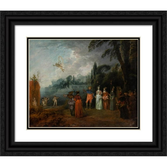 Jean-Antoine Watteau 14x12 Black Ornate Wood Framed Double Matted Museum Art Print Titled: The Embarkation for Cythera (ca. 1709 - 1710)