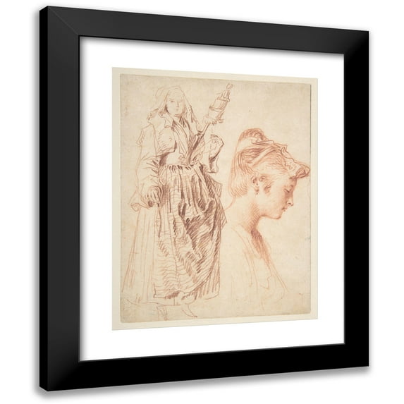 Jean-Antoine Watteau 15x18 Black Modern Framed Museum Art Print Titled - Standing Woman Holding a Spindle, and Head of a Woman in Profile to Right (ca. 1714-18)