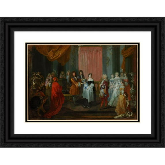 Jean-Antoine Watteau 24x18 Black Ornate Framed Double Matted Museum Art Print Titled: Louis XIV Awards the Cordon Bleu Order to the Duke of Burgundy, Father of Louis Xv. (ca 1710-1