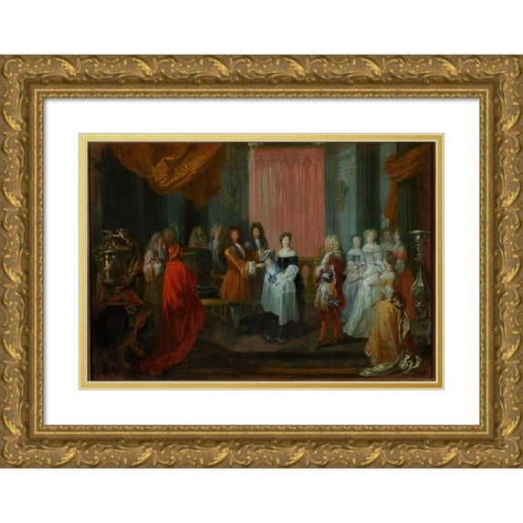 Jean-Antoine Watteau 24x18 Gold Ornate Framed and Double Matted Museum Art Print Titled - Louis XIV Awards the Cordon Bleu Order to the Duke of Burgundy, Father of Louis Xv. (ca 1710-1712)