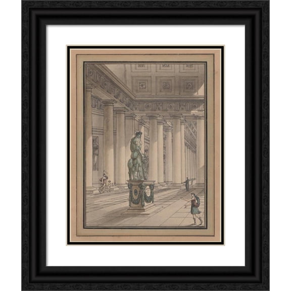 Jean-Arnaud Raymond 20x24 Black Ornate Framed Double Matted Museum Art Print Titled: Classical Interior with a Statue of Hercules (ca. 1800-1811)