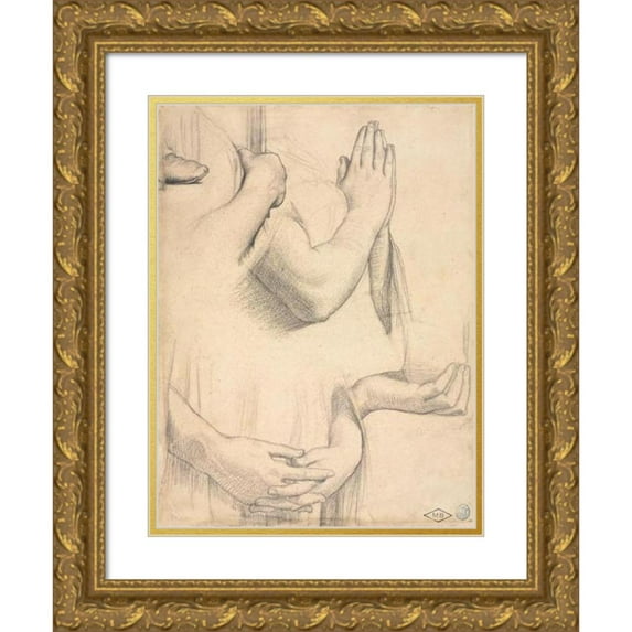 Jean Auguste Dominique Ingres 12x14 Gold Ornate Wood Frame and Double Matted Museum Art Print Titled - Study of Hands (1842)