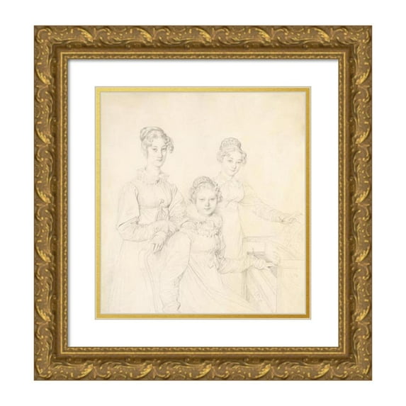 Jean Auguste Dominique Ingres 15x16 Gold Ornate Wood Frame and Double Matted Museum Art Print Titled - The Kaunitz Sisters (Leopoldine, Caroline, and Ferdinandine) (1818)