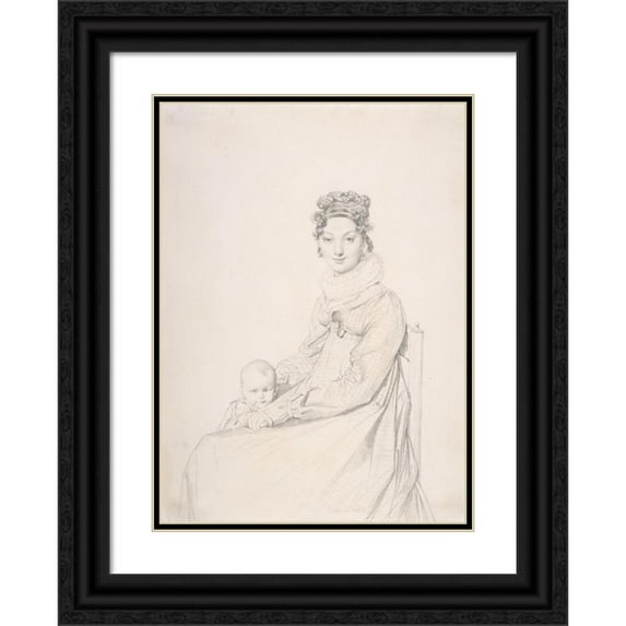 Jean Auguste Dominique Ingres 19x24 Black Ornate Framed Double Matted Museum Art Print Titled: Madame Alexandre Lethiere and Her Daughter Letizia (ca. 1815)