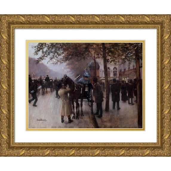 Jean Béraud 14x12 Gold Ornate Wood Frame and Double Matted Museum Art Print Titled - Boulevard Des Capucines, in the Evening, in Front of the Neapolitan Cafe (1880)