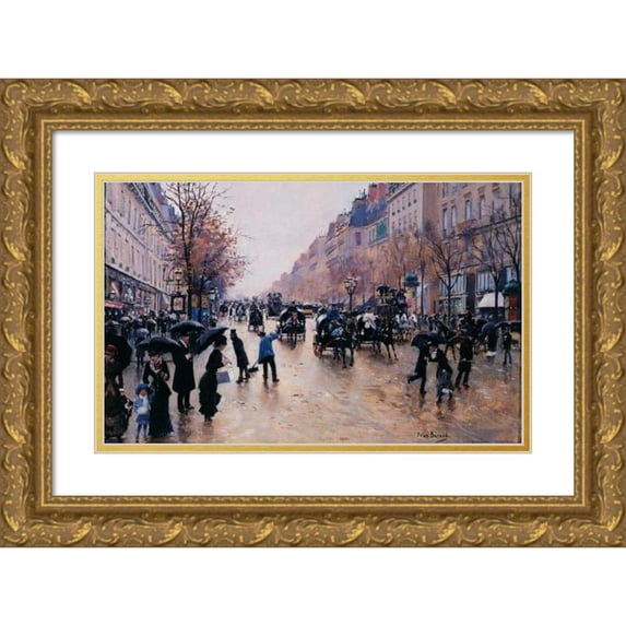 Jean Béraud 18x13 Gold Ornate Wood Frame and Double Matted Museum Art Print Titled - Boulevard Poissoniere in the Rain (1880)