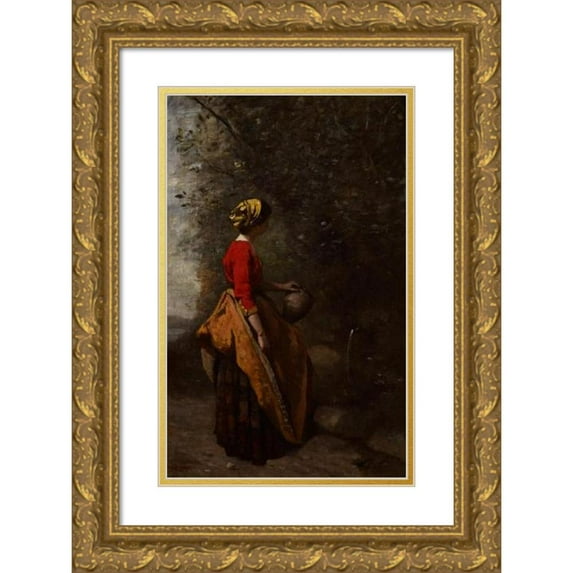 Jean-Baptiste-Camille Corot 11x14 Gold Ornate Wood Frame and Double Matted Museum Art Print Titled - Peasant Girl at the Spring (C. 1860-65)