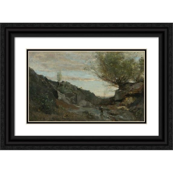 Jean-Baptiste-Camille Corot 14x11 Black Ornate Wood Framed Double Matted Museum Art Print Titled: A Torrent of Abruzzo