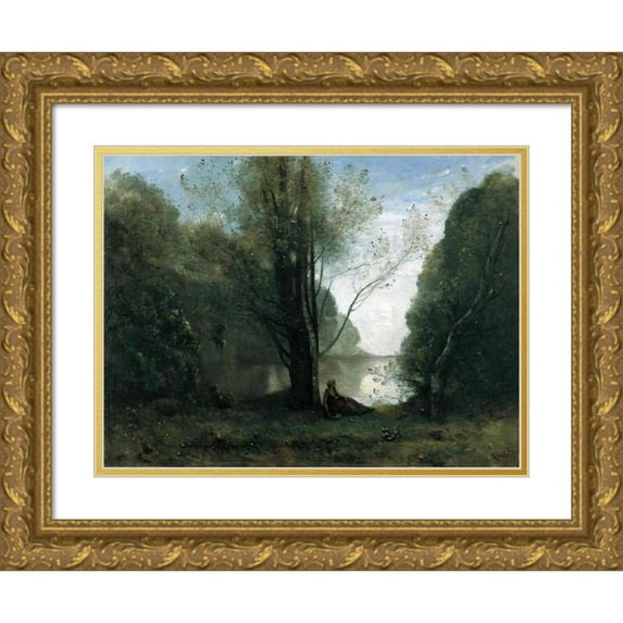 Jean-Baptiste-Camille Corot 14x12 Gold Ornate Wood Frame and Double Matted Museum Art Print Titled - Solitude. Recollection of Vigen, Limousin (1866)