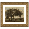 thumbnail image 1 of Jean-Baptiste-Camille Corot 14x12 Gold Ornate Wood Frame and Double Matted Museum Art Print Titled - Wooded Trials with Three Cows (1871-1872), 1 of 4