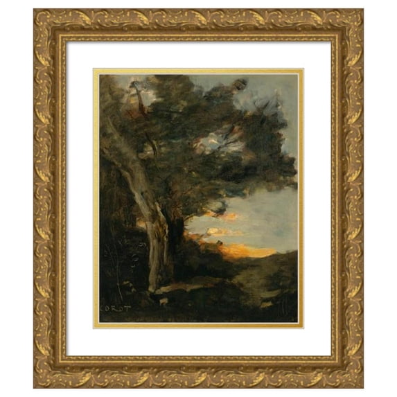 Jean-Baptiste-Camille Corot 15x18 Gold Ornate Wood Frame and Double Matted Museum Art Print Titled - Sunset with a Lioness