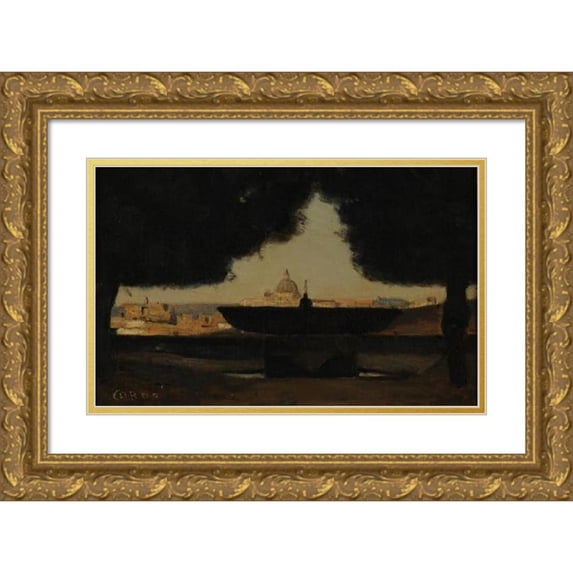 Jean-Baptiste-Camille Corot 18x12 Gold Ornate Wood Frame and Double Matted Museum Art Print Titled - The Basin of the Villa Medici (After 1845)