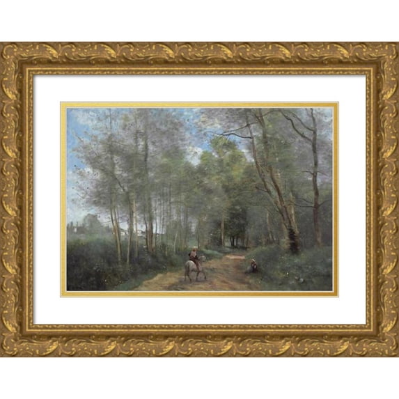 Jean-Baptiste-Camille Corot 18x13 Gold Ornate Wood Frame and Double Matted Museum Art Print Titled - City of Avray - Le Cavalier at the Entrance to the Wood (1873)