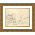 thumbnail image 1 of Jean-Baptiste-Camille Corot 18x14 Gold Ornate Wood Frame and Double Matted Museum Art Print Titled - Thatched Cottage in a Landscape Wooded with a Man in a Cart, 1 of 4
