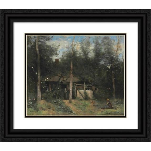 Jean-Baptiste-Camille Corot 23x20 Black Ornate Framed Double Matted Museum Art Print Titled: La Chaumiere Augors, Normandie