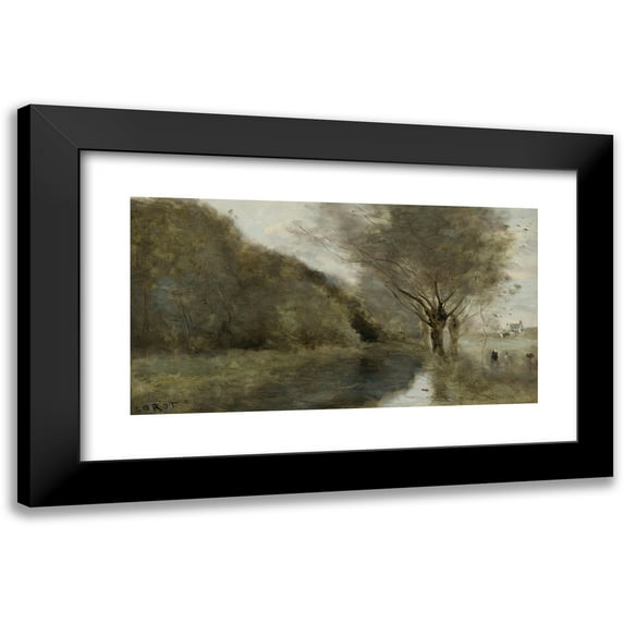 Jean-Baptiste-Camille Corot 24x15 Black Modern Framed Museum Art Print Titled - Near Gisors; Saulaie and River, Morning Effect