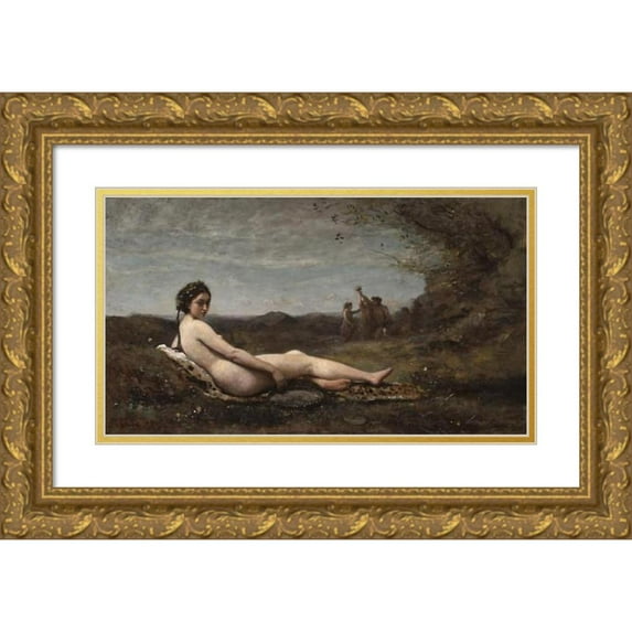Jean-Baptiste-Camille Corot 24x15 Gold Ornate Framed and Double Matted Museum Art Print Titled - The Repose (1860 Reworked C. 1865-1870)