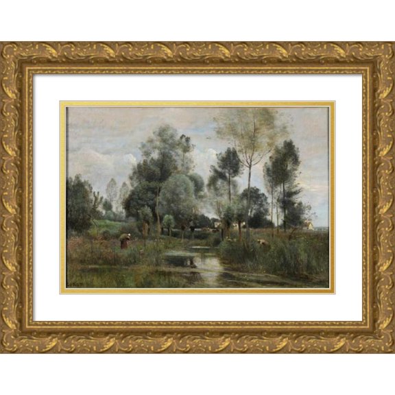 Jean-Baptiste-Camille Corot 24x17 Gold Ornate Framed and Double Matted Museum Art Print Titled - Spring. La Saulaie