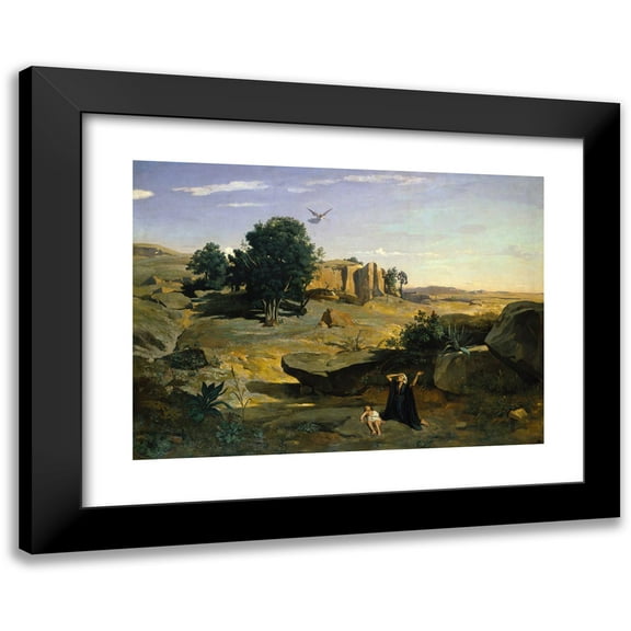 Jean-Baptiste-Camille Corot 24x18 Black Modern Framed Museum Art Print Titled - Hagar in the Wilderness (1835)