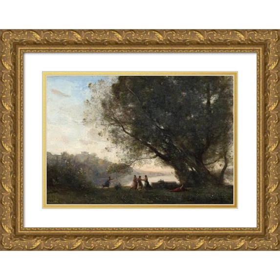 Jean-Baptiste-Camille Corot 24x18 Gold Ornate Framed and Double Matted Museum Art Print Titled - Dance Under the Trees at the Edge of the Lake (1865-1870)