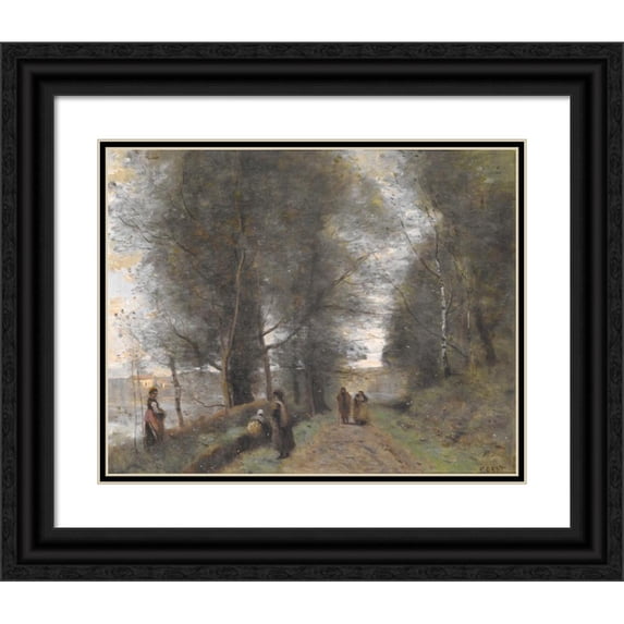 Jean-Baptiste-Camille Corot 24x20 Black Ornate Framed Double Matted Museum Art Print Titled: Ville D’Avray, Woodland Path Bordering the Pond (1872)