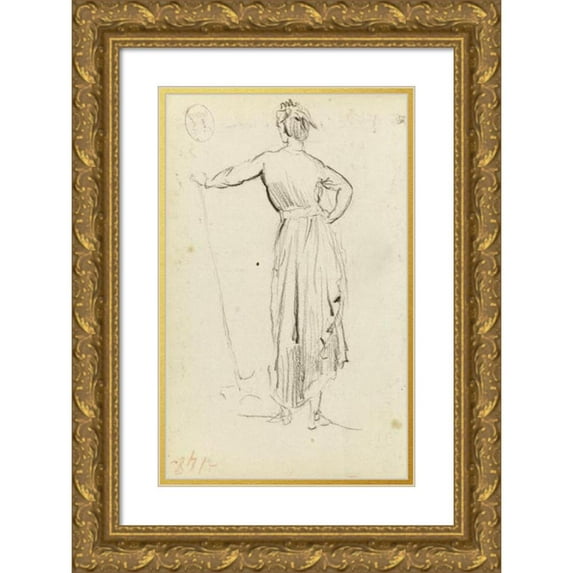 Jean-Baptiste Carpeaux 13x18 Gold Ornate Wood Frame and Double Matted Museum Art Print Titled - Study of a Woman Standing from the Back, Her Left Hand Leaning on a Shovel (1872)