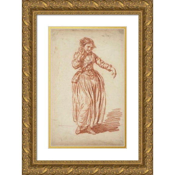 Jean-Baptiste Greuze 13x18 Gold Ornate Wood Frame and Double Matted Museum Art Print Titled - Young Girl Standing, Her Right Hand on Her Ear