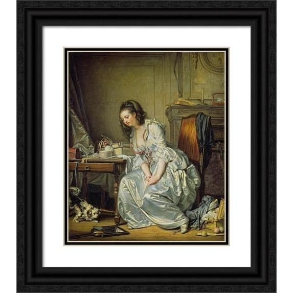 Jean-Baptiste Greuze 20x23 Black Ornate Framed Double Matted Museum Art Print Titled: The Broken Mirror (C. 1762 - 1763)