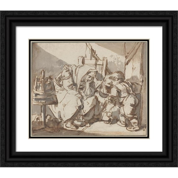 Jean-Baptiste Greuze 24x20 Black Ornate Framed Double Matted Museum Art Print Titled: A Tired Woman with Two Children (1750-1761)