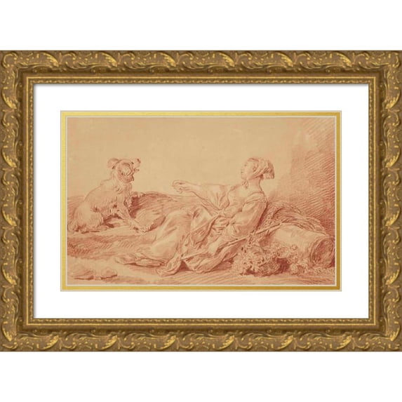 Jean-Baptiste Huet 18x13 Gold Ornate Wood Frame and Double Matted Museum Art Print Titled - Shepherdess Sitting with Her Dog