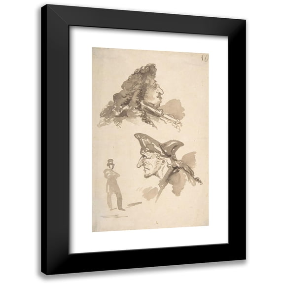 Jean-Baptiste Isabey 11x14 Black Modern Framed Museum Art Print Titled - Two Male Heads in Profile and Standing Man (Late 18th-Mid-19th Century)