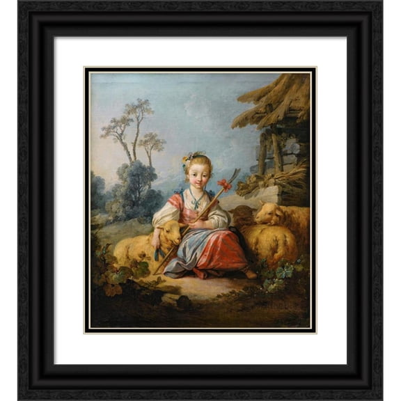Jean-Baptiste Le Prince 20x23 Black Ornate Framed Double Matted Museum Art Print Titled: A Young Shepherdess (1762)