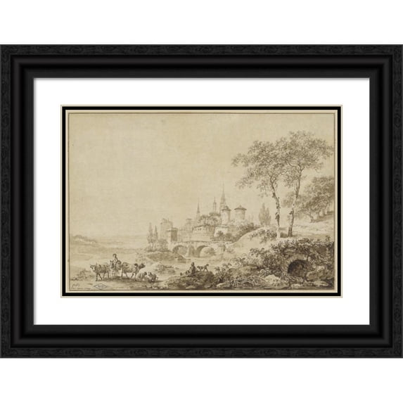 Jean-Baptiste Le Prince 24x17 Black Ornate Framed Double Matted Museum Art Print Titled: Shepherds in a Landscape Before a Fortified Town (1777)