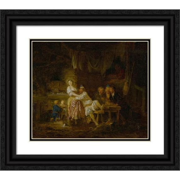 Jean-Baptiste Leprince 14x12 Black Ornate Wood Framed Double Matted Museum Art Print Titled: A Group of Figures Gathered in a Tavern, with a Barmaid and Lustful Patron at Center (1771)