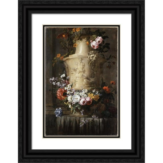Jean-Baptiste Monnoyer 17x24 Black Ornate Framed Double Matted Museum Art Print Titled: Marble Vase with Garland of Flowers