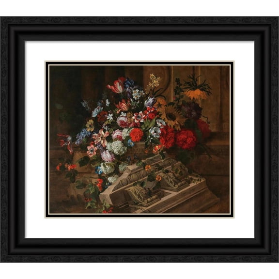 Jean-Baptiste Monnoyer 23x20 Black Ornate Framed Double Matted Museum Art Print Titled: Flowers Near a Classical Cornice on a Terrace
