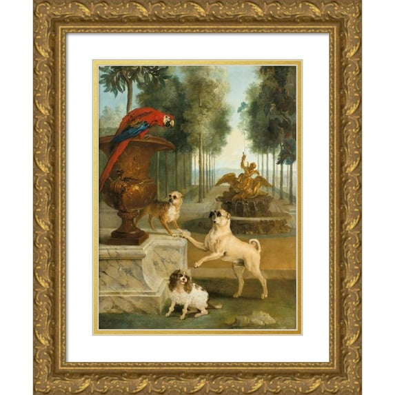 Jean-Baptiste Oudry 19x24 Gold Ornate Framed and Double Matted Museum Art Print Titled - Three Dogs and a Macaw In a Park