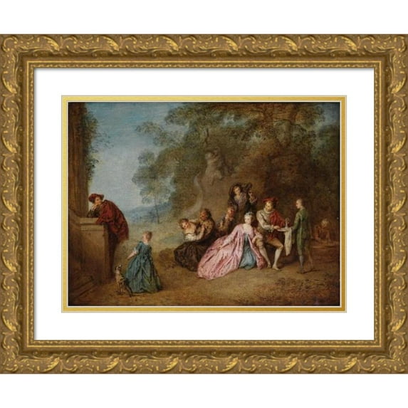 Jean-Baptiste Pater 14x11 Gold Ornate Wood Frame and Double Matted Museum Art Print Titled - Love and Banter