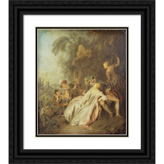 Jean-Baptiste Pater 15x17 Black Ornate Wood Framed Double Matted Museum Art Print Titled - Fete Galante with Six Figures Near a Fountain (C. 1728)