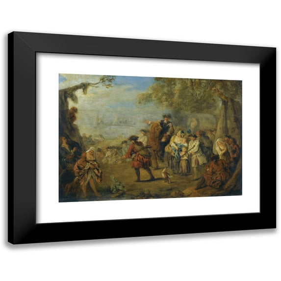 Jean-Baptiste Pater 24x18 Black Modern Framed Museum Art Print Titled - Figures in a Military Encampment with a Horseman Directing Troops