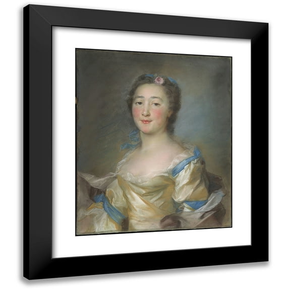 Jean-Baptiste Perronneau 12x14 Black Modern Framed Museum Art Print Titled - A Young Lady in a Yellow Gown with Blue Ribbons (C. 1767)