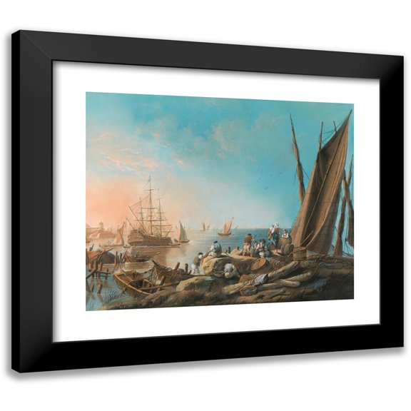 Jean-Baptiste Pillement 24x20 Black Modern Framed Museum Art Print Titled - At the Mouth of the River Tagus (1789)
