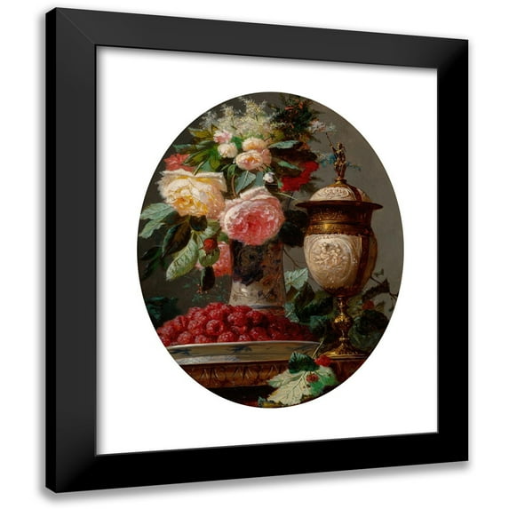 Jean-Baptiste Robie 12x14 Black Modern Framed Museum Art Print Titled - Still Life with Roses and a Bowl of Raspberries with a Silver-Gilt Ostrich Egg Cup