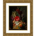 thumbnail image 1 of Jean-Baptiste Robie 12x14 Gold Ornate Wood Frame and Double Matted Museum Art Print Titled - Still Life with Flowers and Fruit on a Ledge (1849), 1 of 4